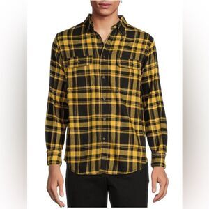 George size medium men’s plaid flannel shirt, black, and yellow
